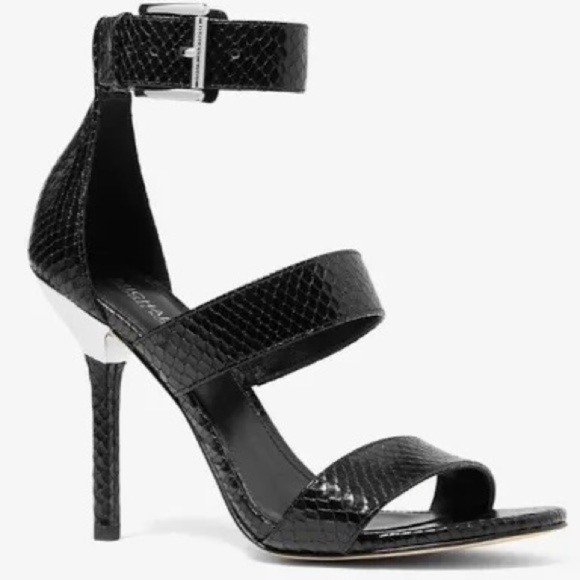 NIB MICHAEL KORS AMAL Leather Snakeskin Embossed Black Sandals Heels Sz 9 $185 - Picture 1 of 2